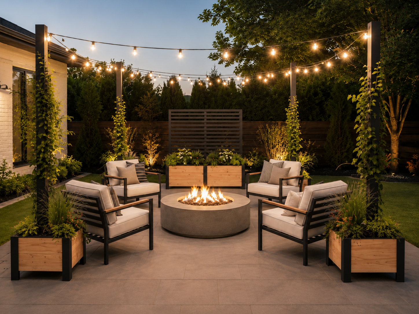 Complete staged backyard set showing one privacy planter and four cedar planter boxes with posts around a fire pit with overhead string lights