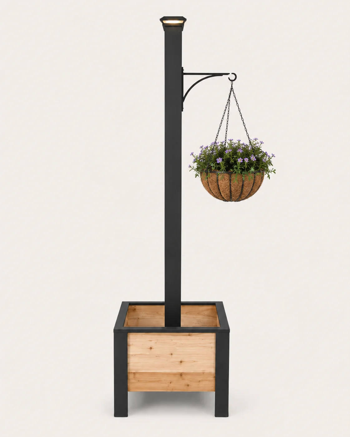 Clean product example of a cedar planter box with a post, hanging basket bracket, and solar LED post-cap light