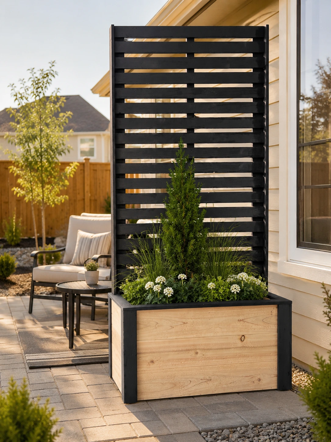 3-foot-wide cedar privacy-screen planter staged beside a home patio with plants and outdoor seating