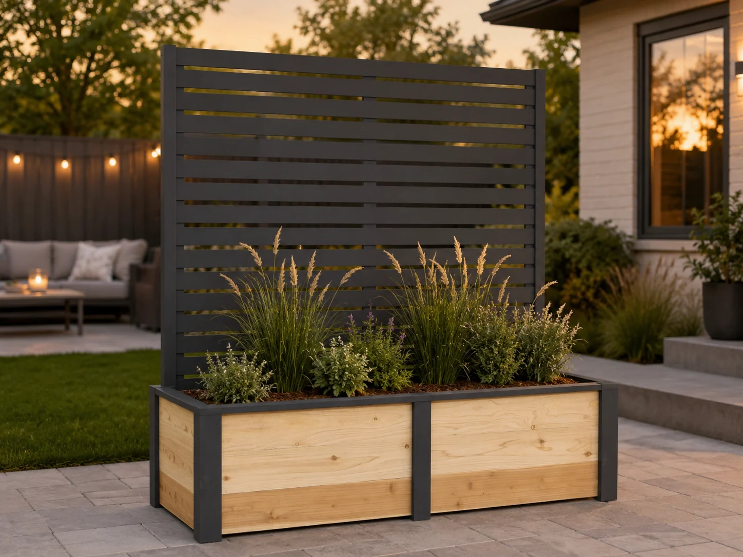Finished cedar privacy-screen planter shown in a staged Treasure Valley backyard setting