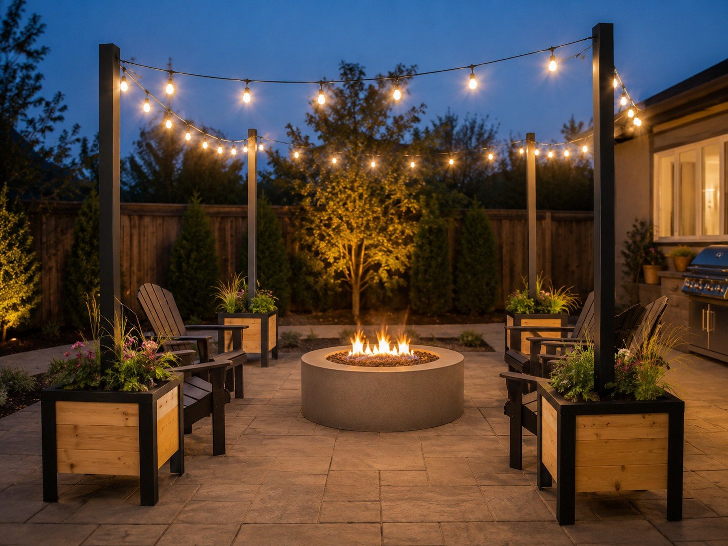 Staged photo of four cedar string-light planters around a fire pit at dusk