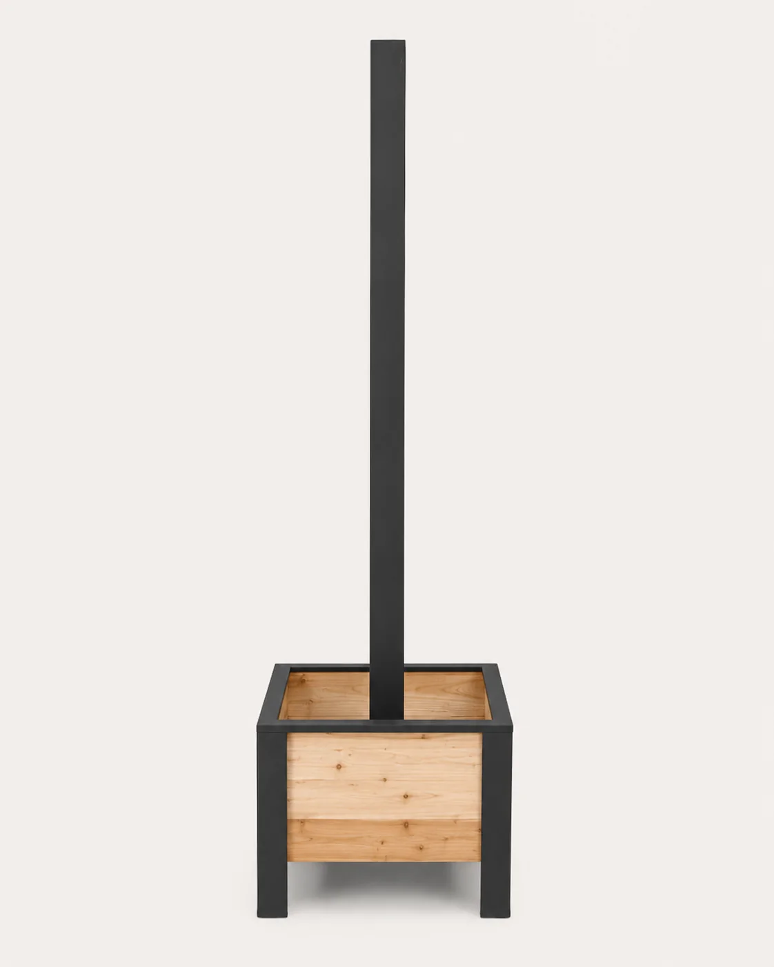 Clean product view of a cedar planter box with black legs and an approximately eight-foot string-light post